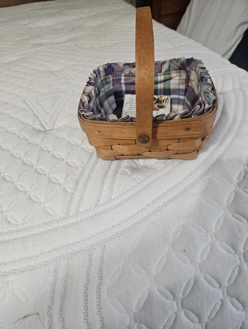 Longaberger Brown Wood Basket with Blue-Green Plaid Liner